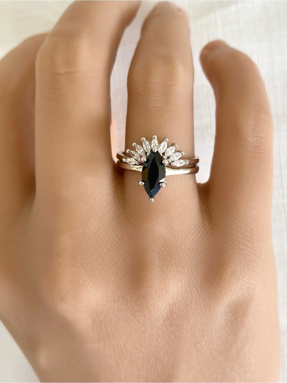Black CZ Marquise Cut 2pc Sterling Silver Solitaire Stacking Band Ring Set